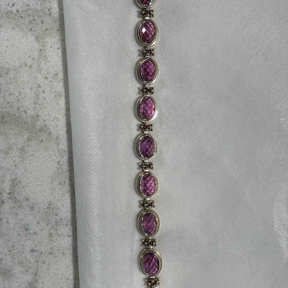 Michael Dawkins Oval Checkerboard Simulated Pink Sapphire/SS Bracelet - Picture 8 of 8